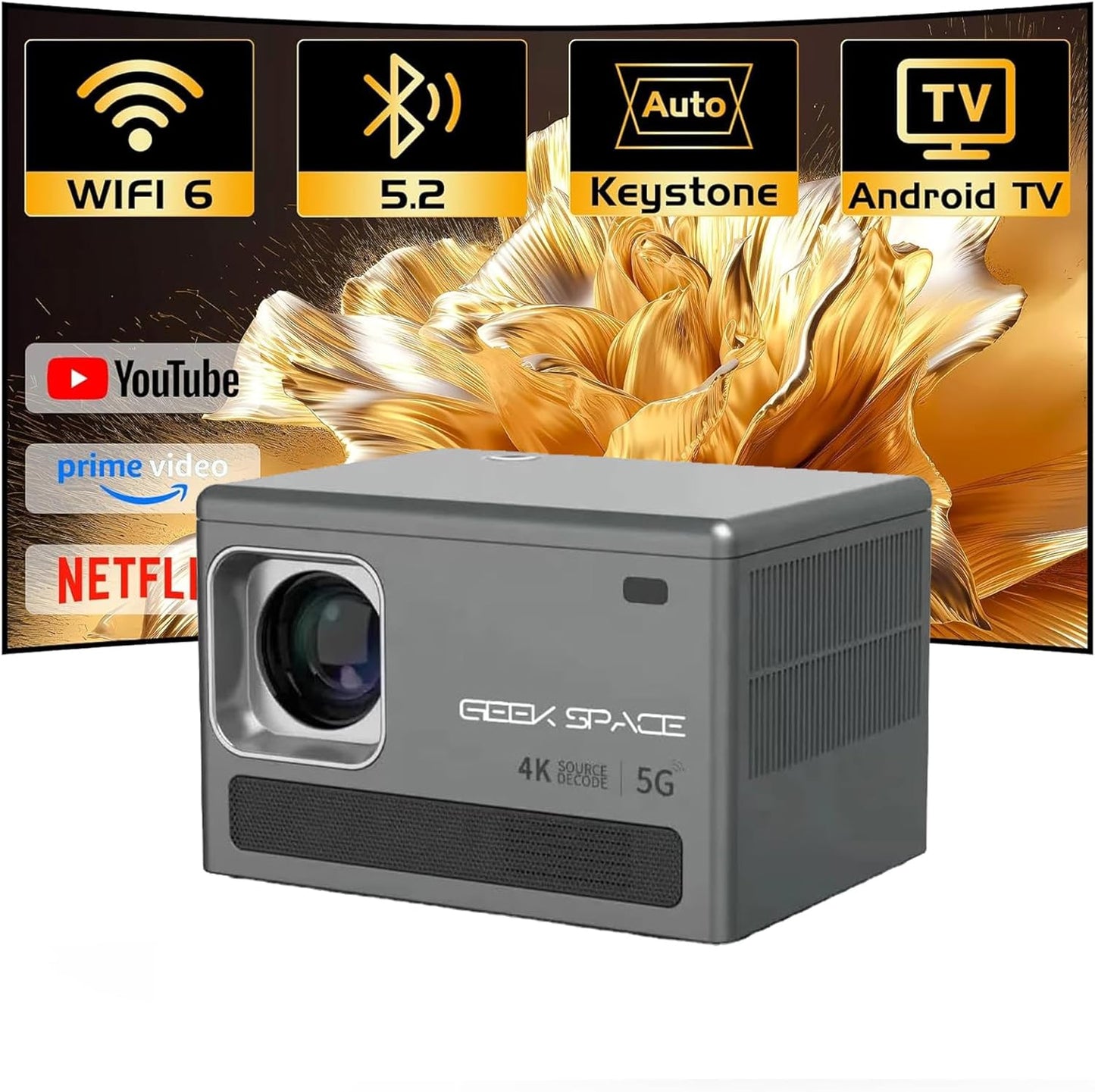 GEEK SPACE 4K with 5G WiFi Bluetooth Portable Outdoor and Indoor Projector,