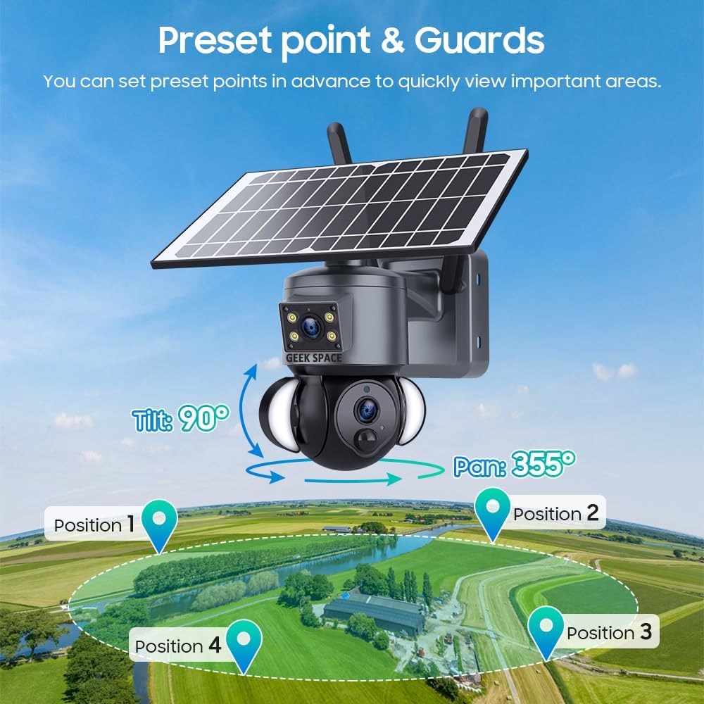 4G WIFI Solar Security Camera Wireless Outdoor, 4K 6MP Dual Lens Solar Camera