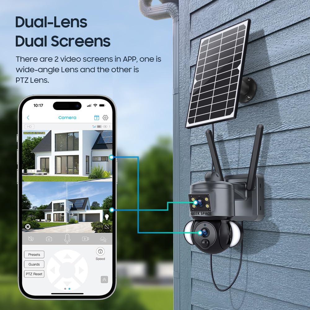 4G WIFI Solar Security Camera Wireless Outdoor, 4K 6MP Dual Lens Solar Camera